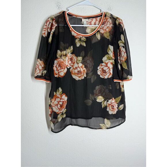 A New Day Women Sheer Short Sleeve Floral Black Multicolor Casual Top Sz L Notes - Picture 1 of 10